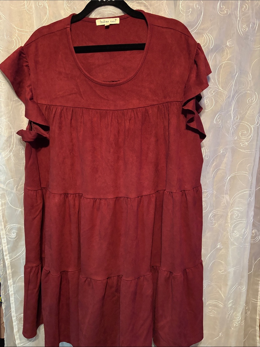 indigo soul Burgundy Ruffle-Tier Midi Dress or layering top.